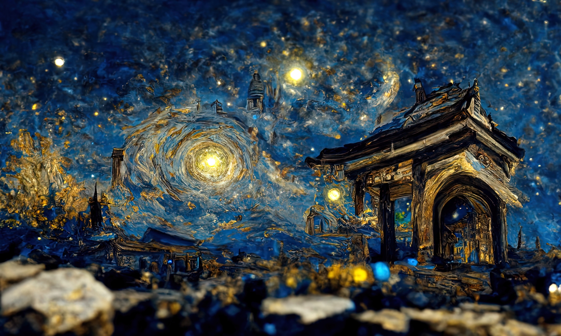 厚涂油画奇幻古城夜景，石质门楼与塔楼衬着漩涡状星云的深蓝夜空，暖黄光点点缀其间。