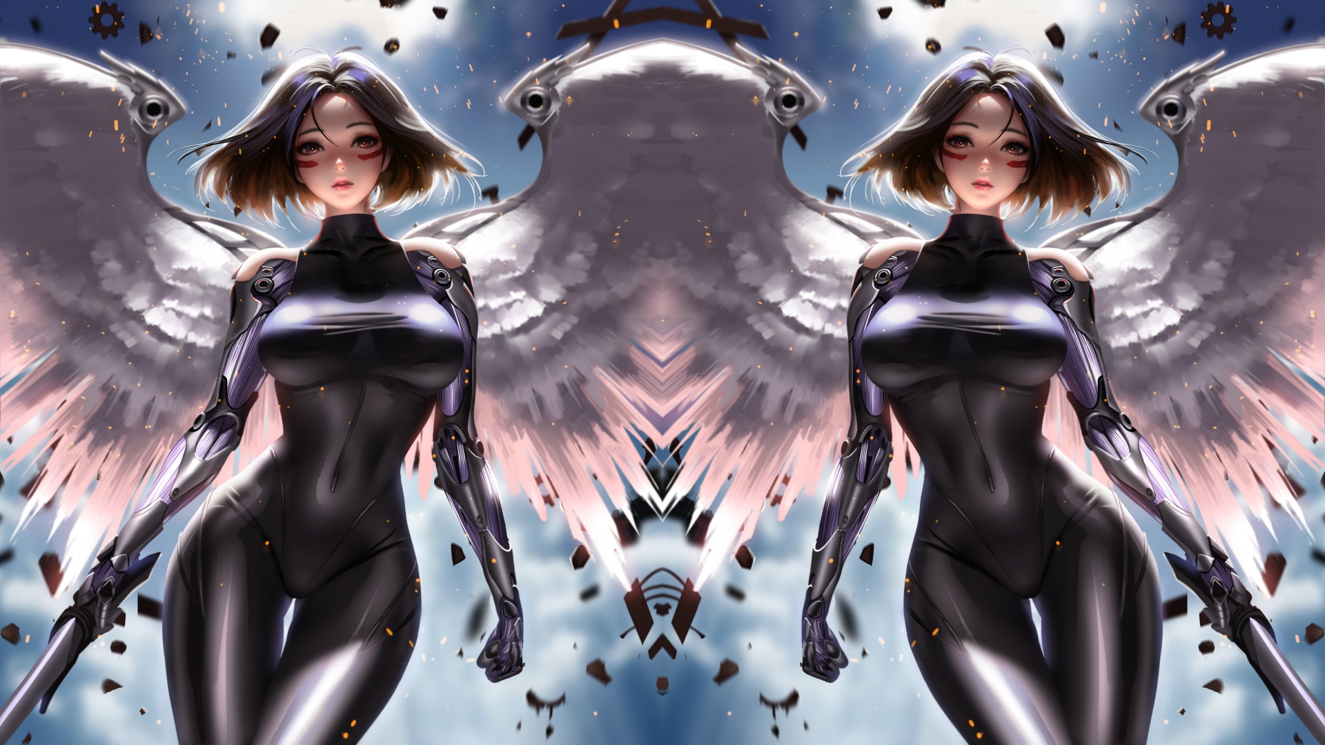 双侧镜像机械少女 展开渐变羽翼的二次元科幻画面