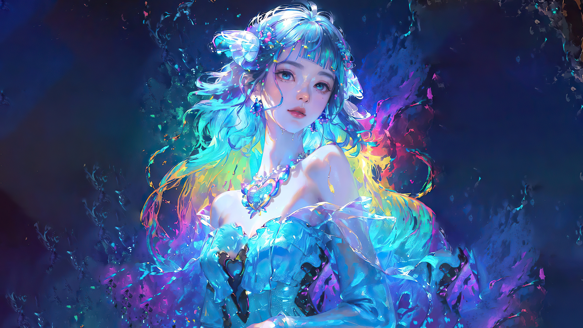 蓝青渐变卷发的露肩少女，佩戴幻彩发饰与心形宝石颈饰，背景是暗调霓虹彩晕。