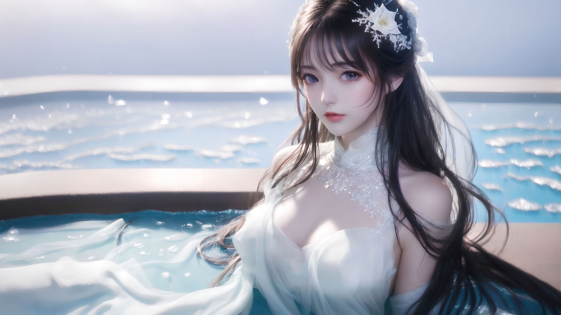黑长发配白花冰晶发饰的古风少女身着半透白纱古装，半浸在澄澈浅蓝泳池中，背景是朦胧浅蓝天际，整体为低饱和清透蓝白黑色调。