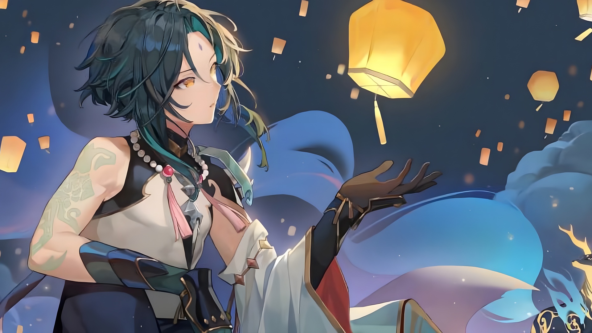 二次元插画，原神角色魈身着白黑古风服饰立于左侧，抬手朝向暖黄色发光的孔明灯，藏蓝色夜空中遍布漂浮的孔明灯。