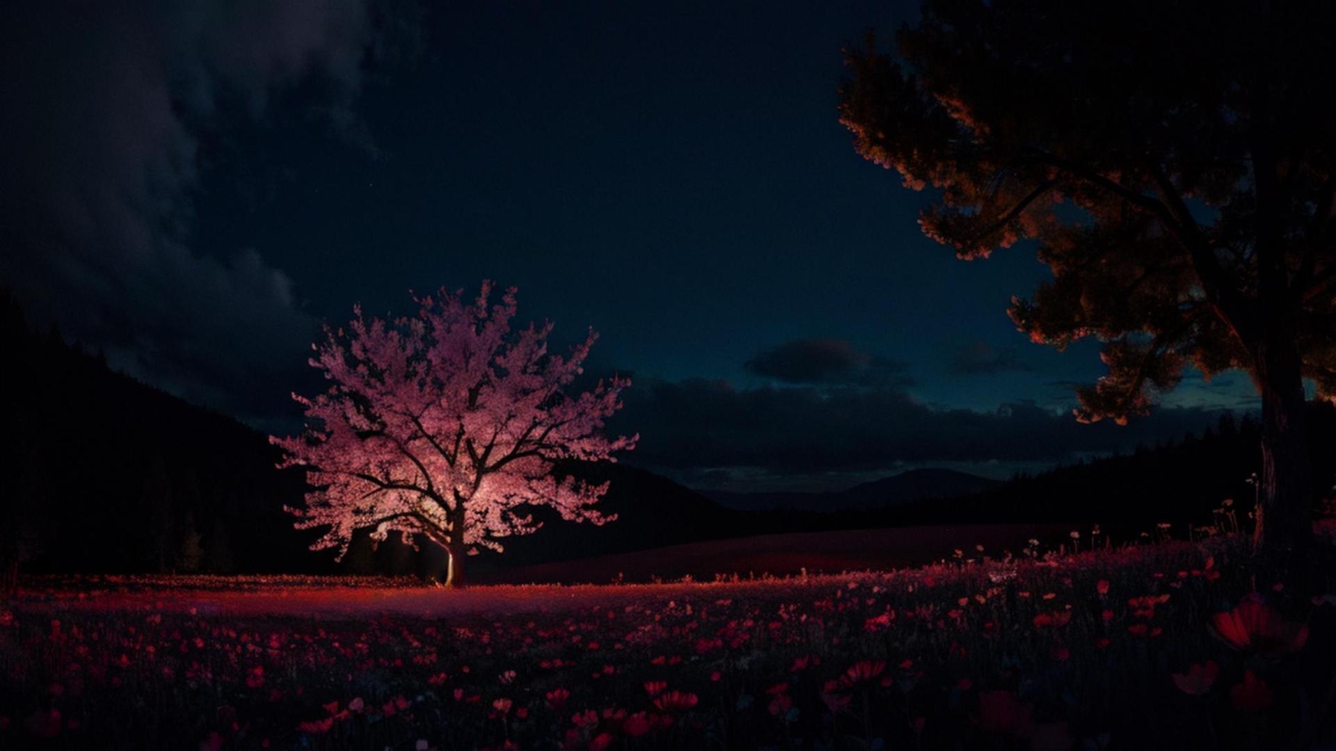 樱花树与宁静的夜