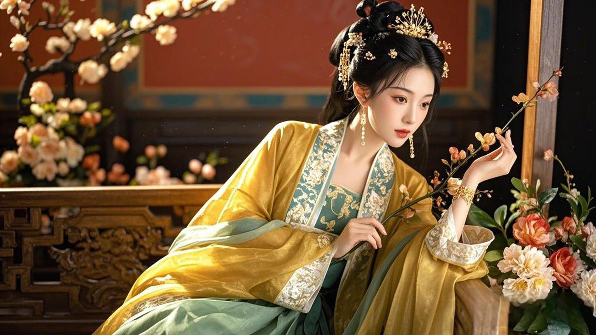 美女沾花