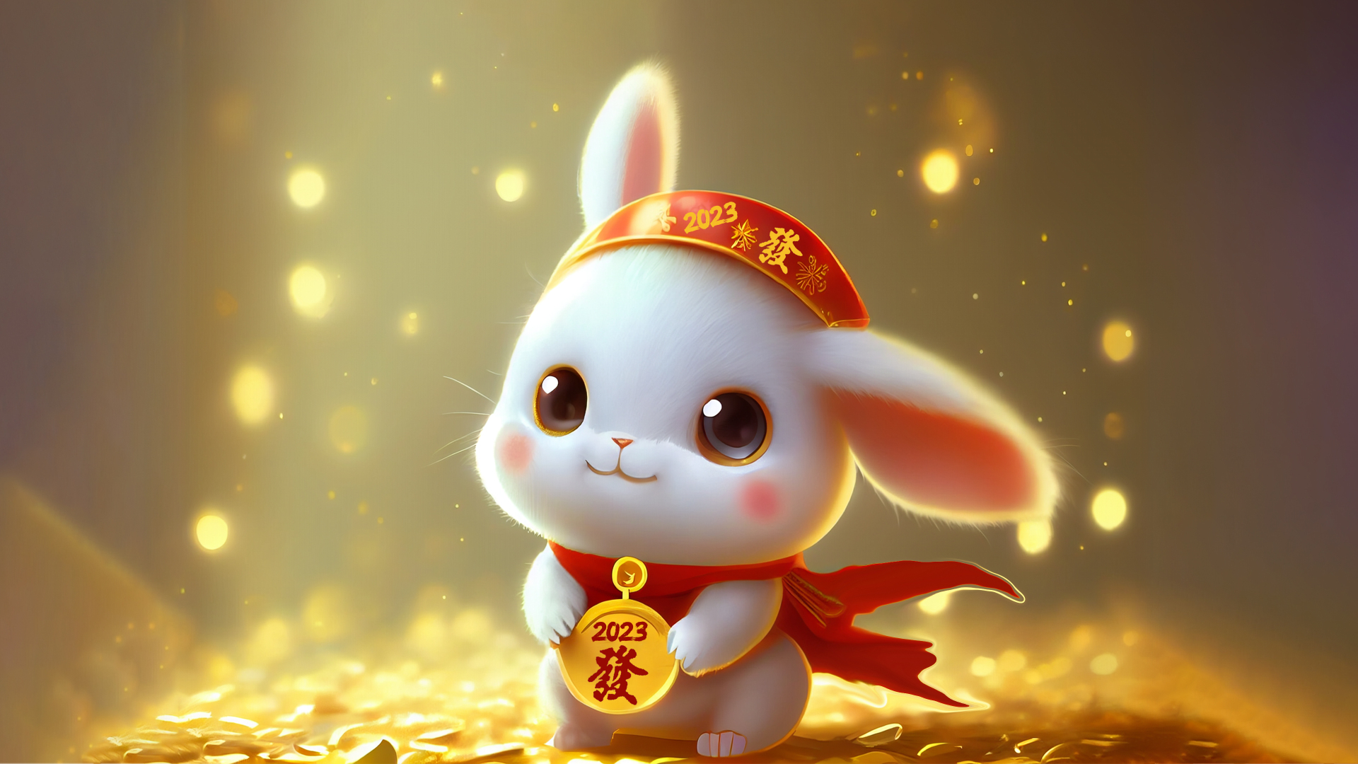 3D萌系卡通白兔，戴印有2023与「發」字的红色头带，系红色飘带围巾，双手捧着同款印字金色圆牌，站在铺满金币的地面，周围是暖金色散景光斑。