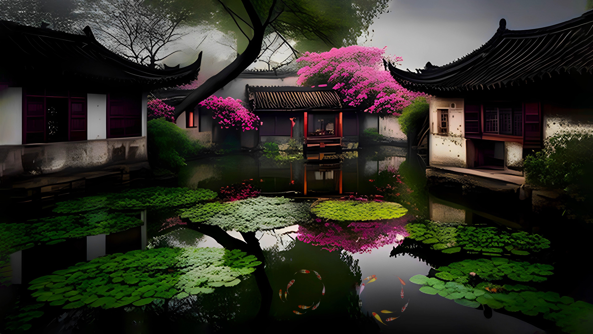 中式古典园林池塘水景，黑瓦白墙民居旁盛放粉花，水面浮着绿叶，锦鲤在水中游动