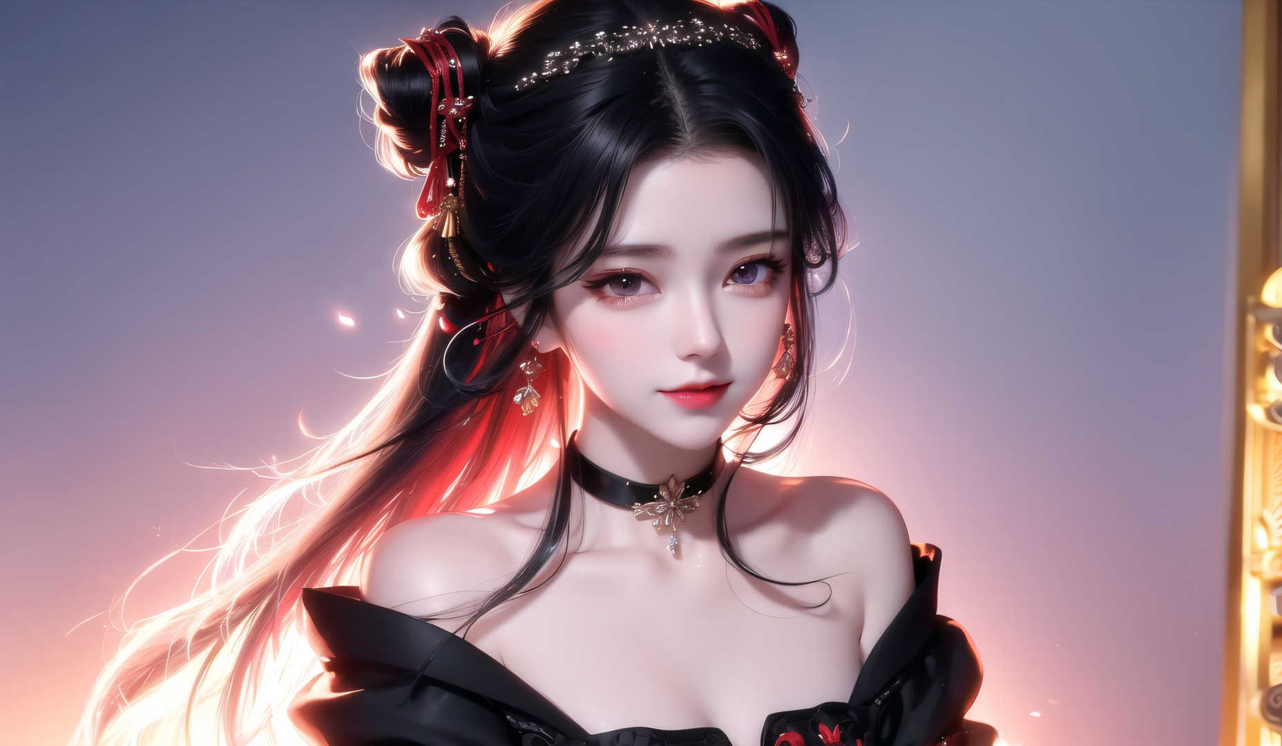 黑发配红流苏发饰的古风黑衣女子，暖光晕染柔焦渐变背景。