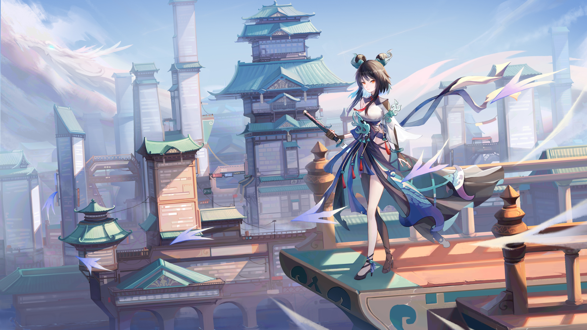 持剑古风少女站在悬空露台，身后是混搭现代结构的青瓦古建群。