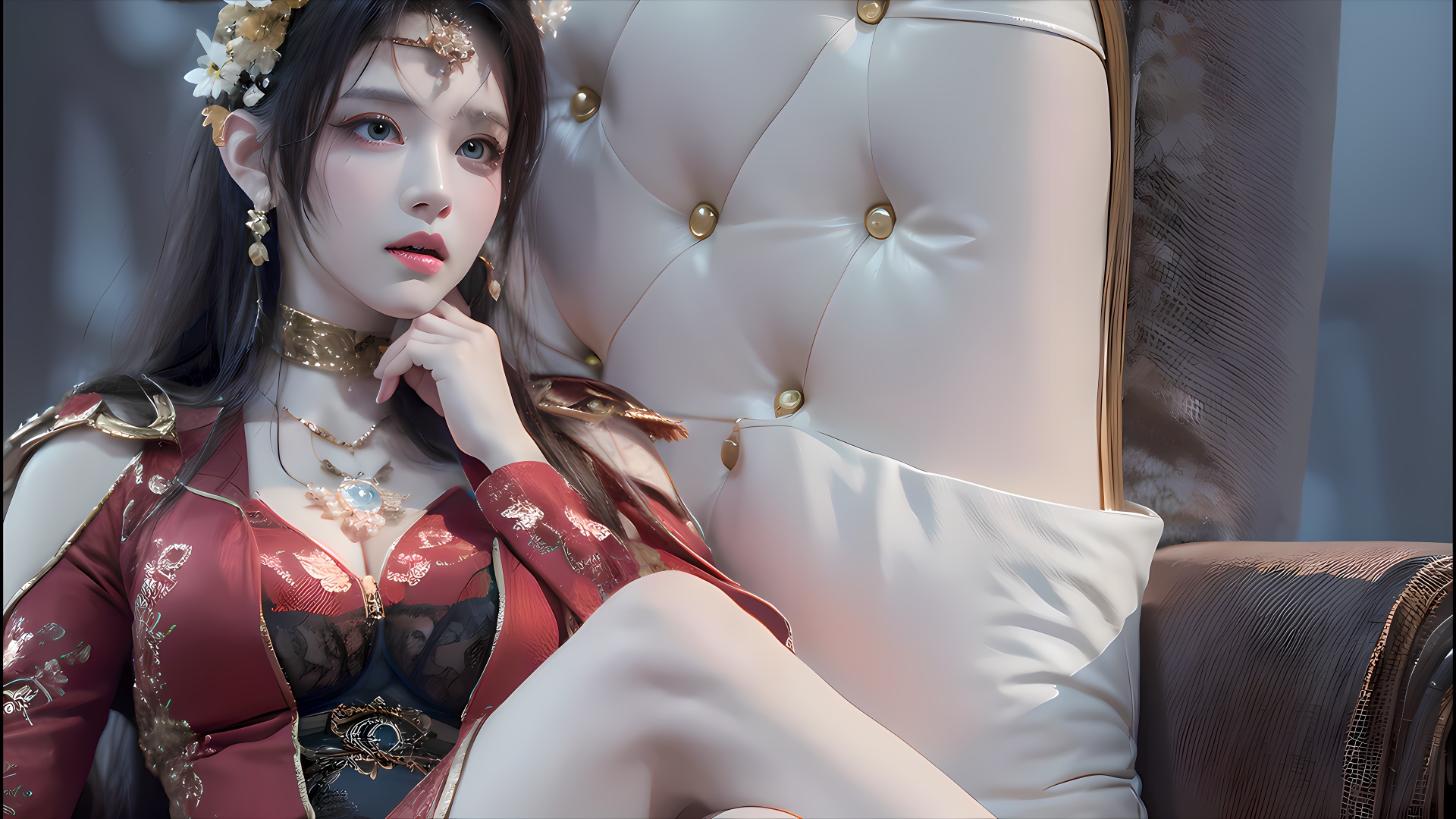 红金服饰佩戴金饰的黑发女子倚靠软包沙发