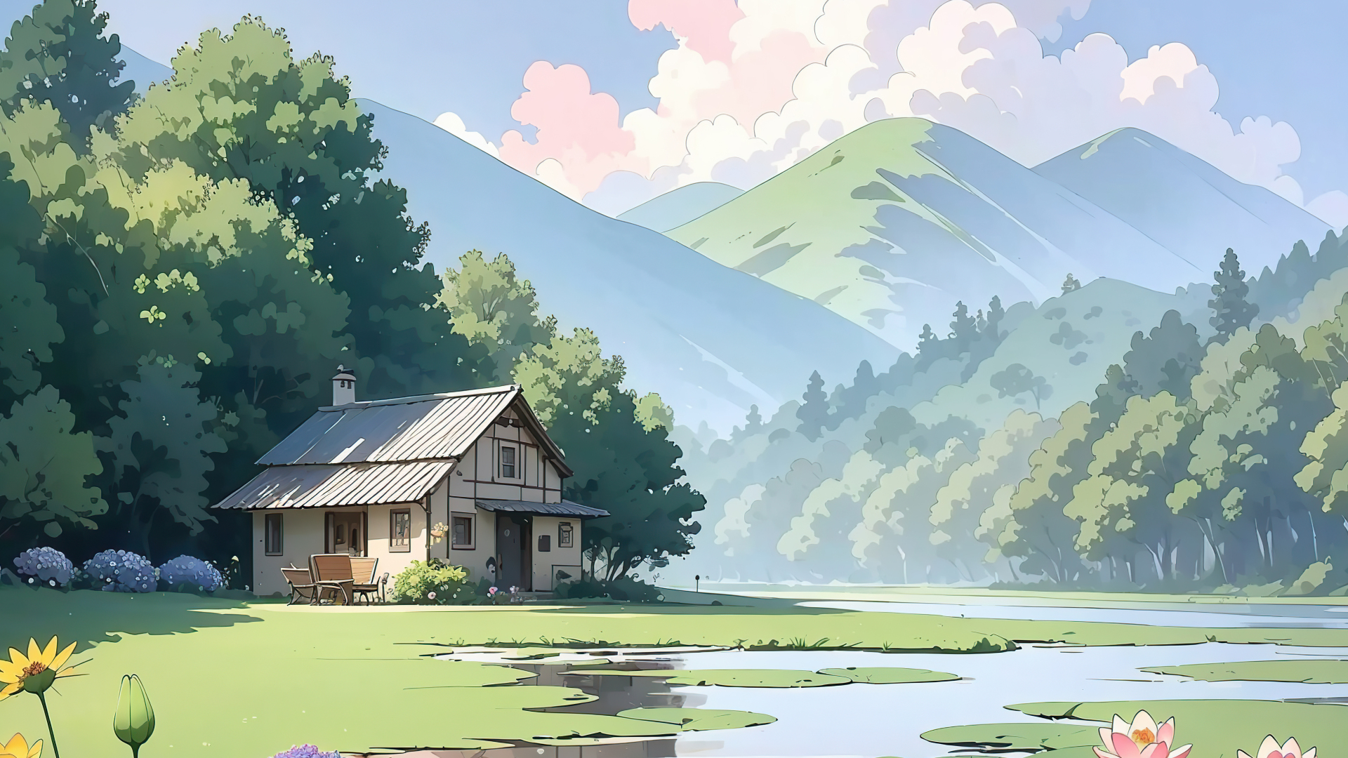 清新日系风景插画，林间临湖立着原木小屋，湖畔绿植环绕，远处是朦胧青山，淡蓝天空飘着柔粉色云团。