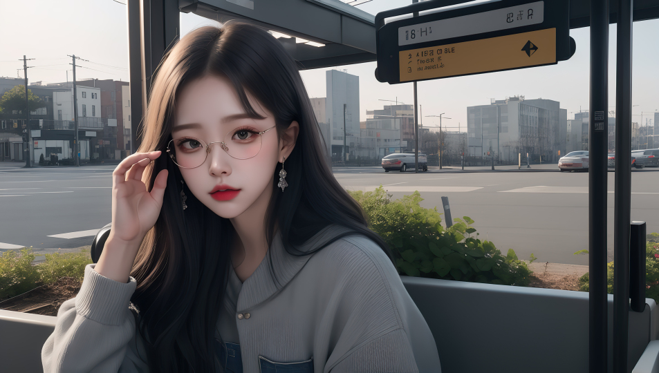 街边眼镜黑发少女