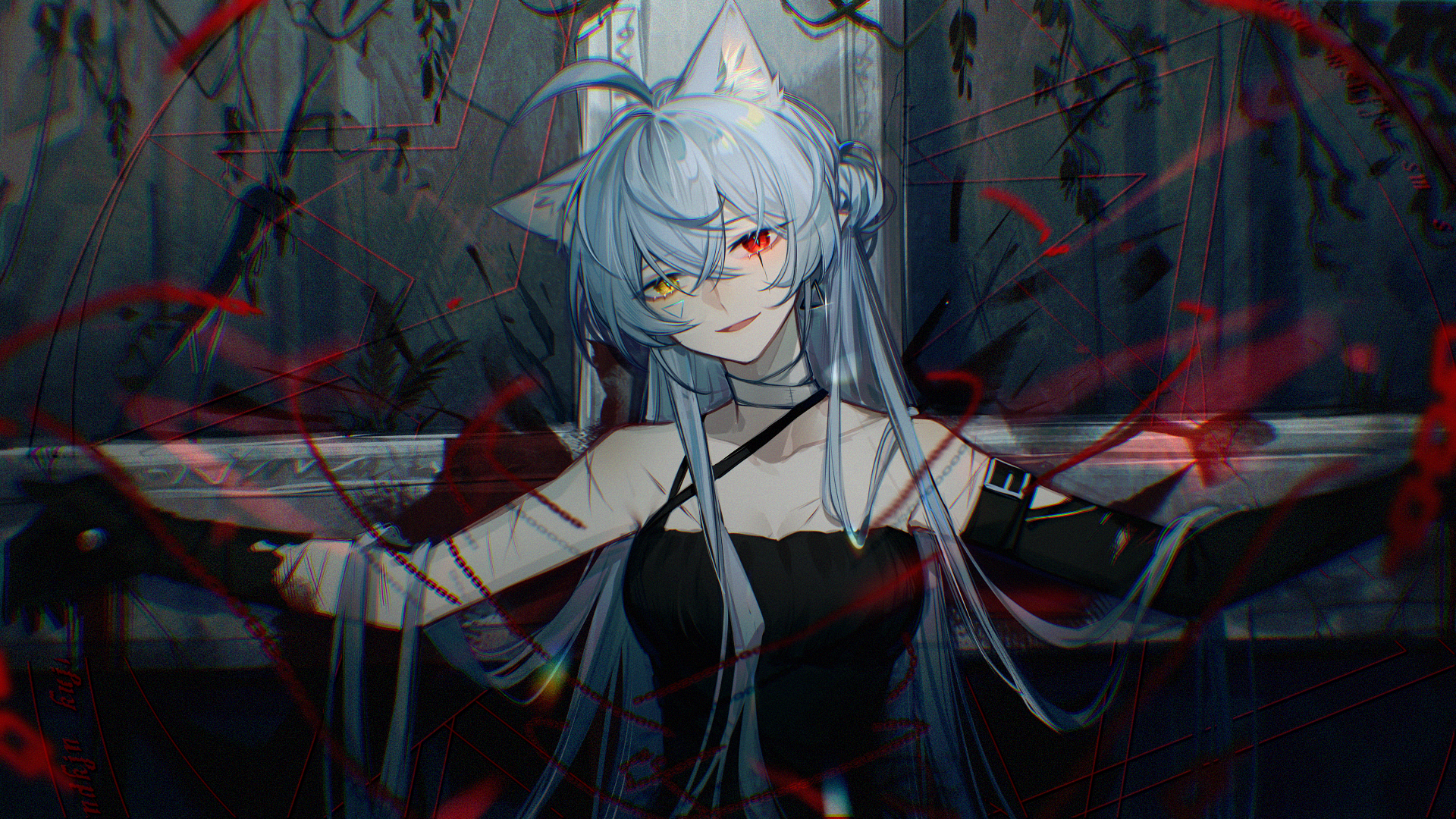 银灰长发异色瞳猫耳少女，黑色吊带裙，背景带有红色故障风线条