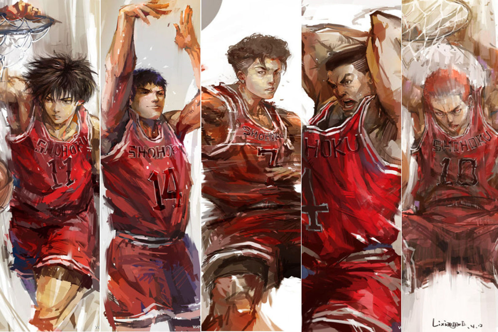 五名穿红色篮球服的运动员分栏排列，呈现不同赛场动作。