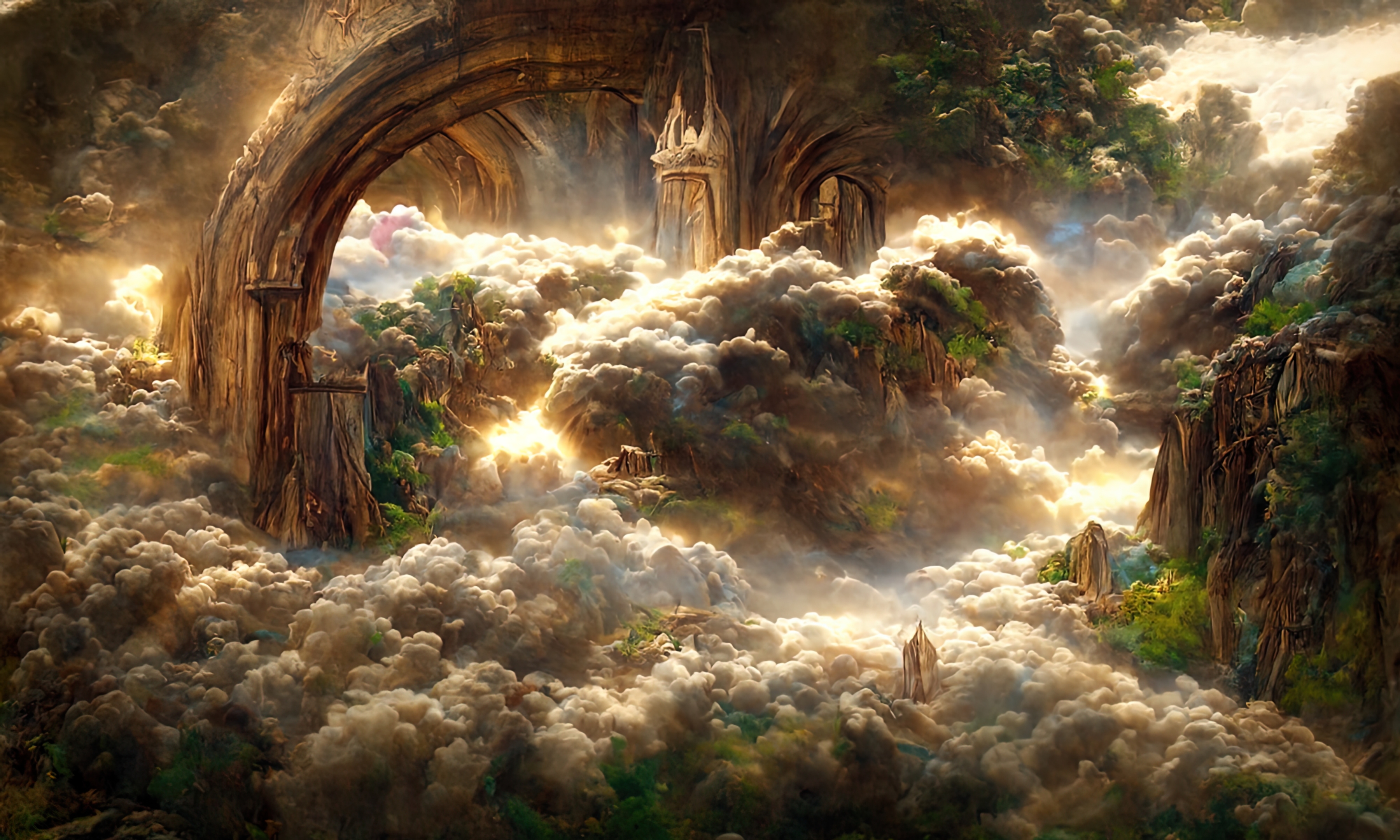 唯美治愈小清新梦幻仙境ai绘画天堂之门酷炫风景  夕阳锁屏壁纸封面图