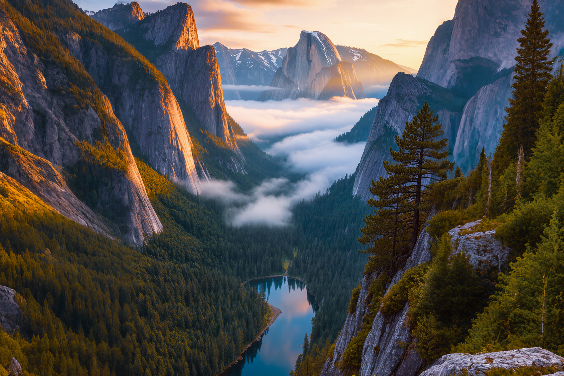 晨雾锁山湖