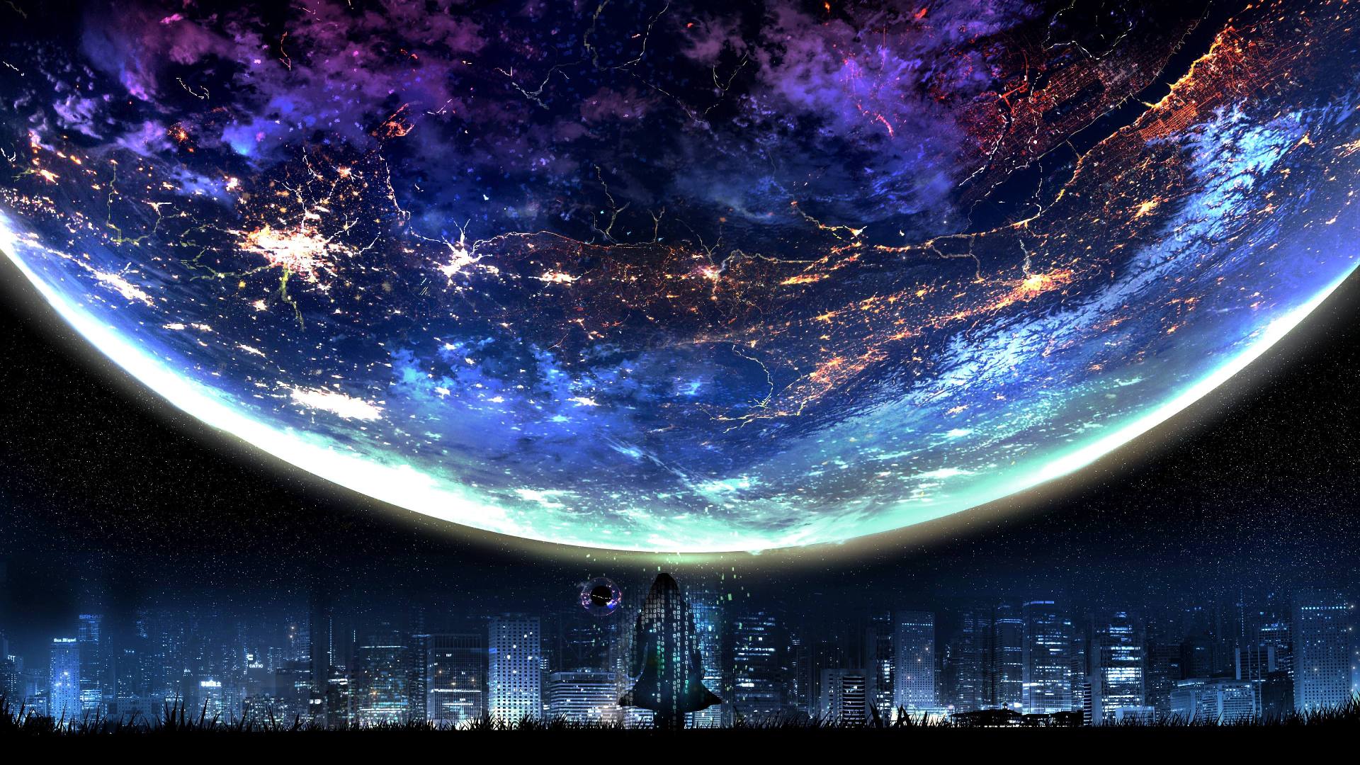 巨型发光行星悬浮星空，下方是亮灯都市天际线，前景草坡上站着人物背影。