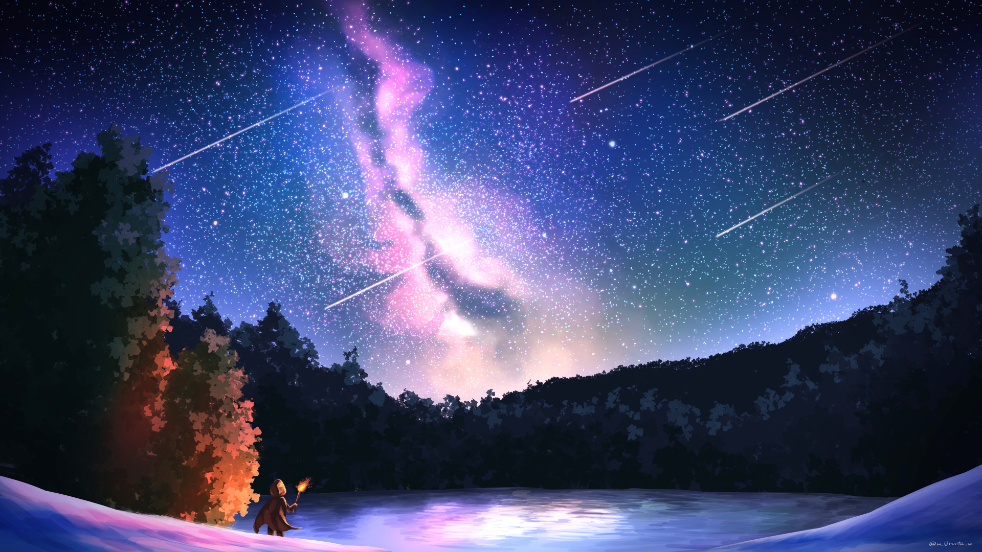 动漫插画夜空满是星点，横贯紫粉色银河带，多道白流星划过；下方是积雪湖面与林带，左下角有持火把的人物，夜空透出橙红色微光。
