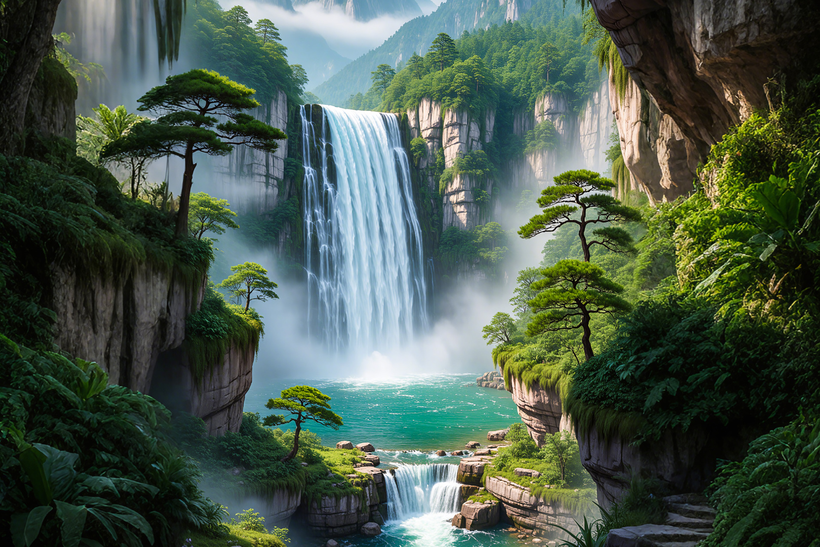 横向国风青绿山水场景，大型瀑布从两侧陡峭青绿色崖壁间倾泻而下，下方汇聚清透青绿潭水，崖壁点缀苍劲迎客松，山间萦绕朦胧云雾。