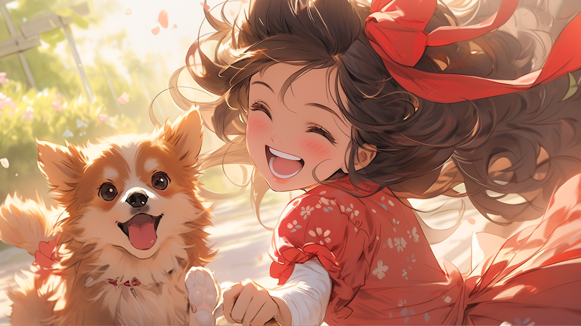 暖金黄色调二次元插画，卷发小女孩牵着棕白长毛小狗站在花园小路上，背景虚化露出绿植与粉色花簇。