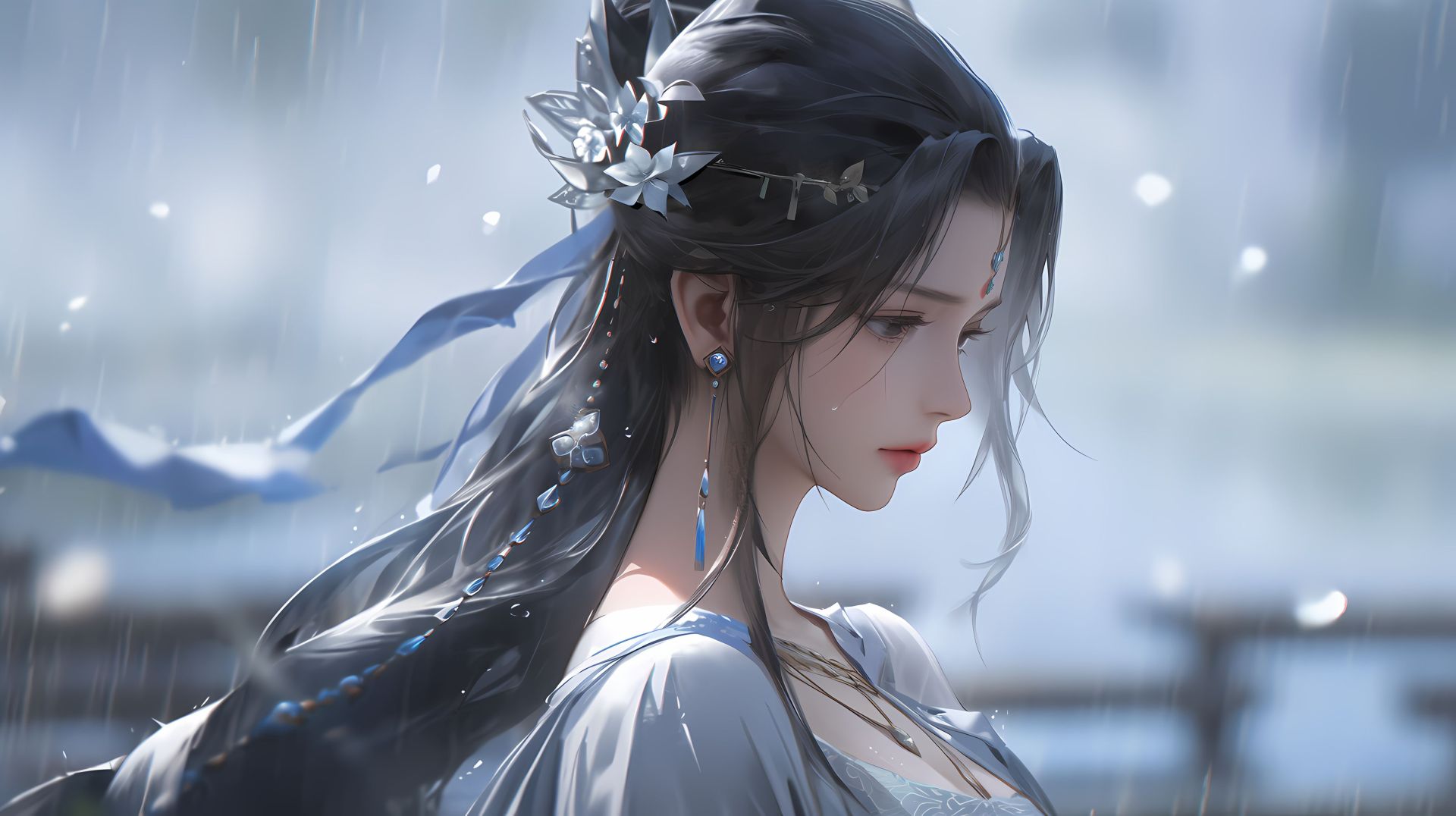 古装女子侧身静立，长发配银质花饰，冷调雨雾背景