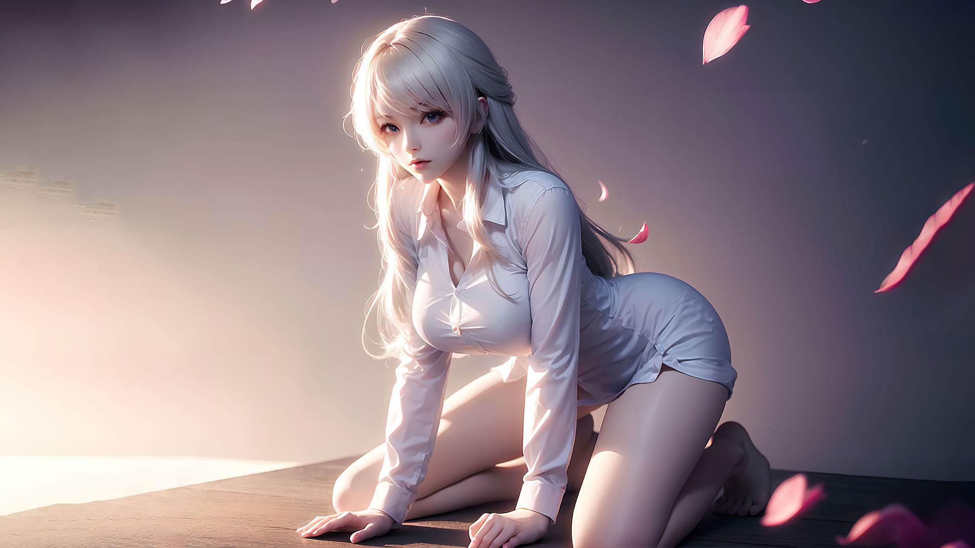3D二次元风格画面，跪姿银白长发女性身着宽松白衬衫，身周飘散粉色花瓣，背景为朦胧浅灰紫渐变搭配深色哑光地面。