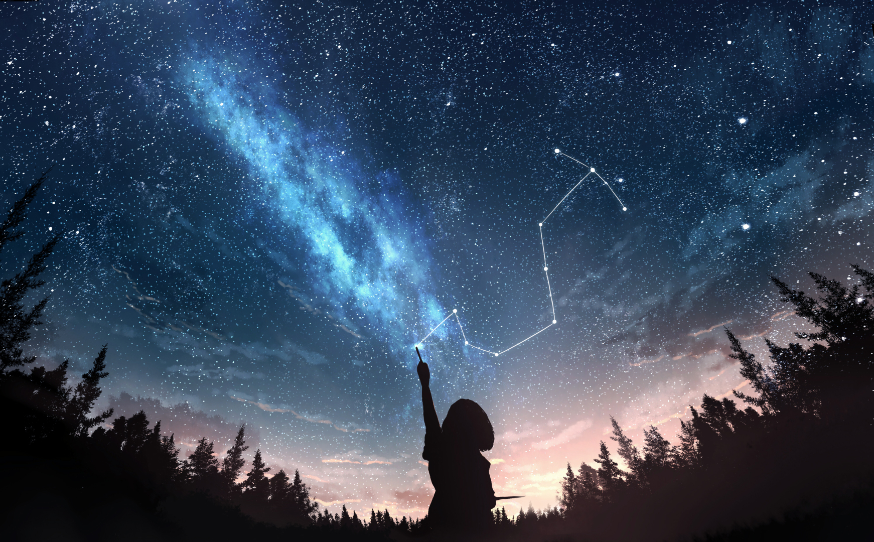 森林间的短发人影剪影仰望缀满繁星与蓝调银河的夜空
