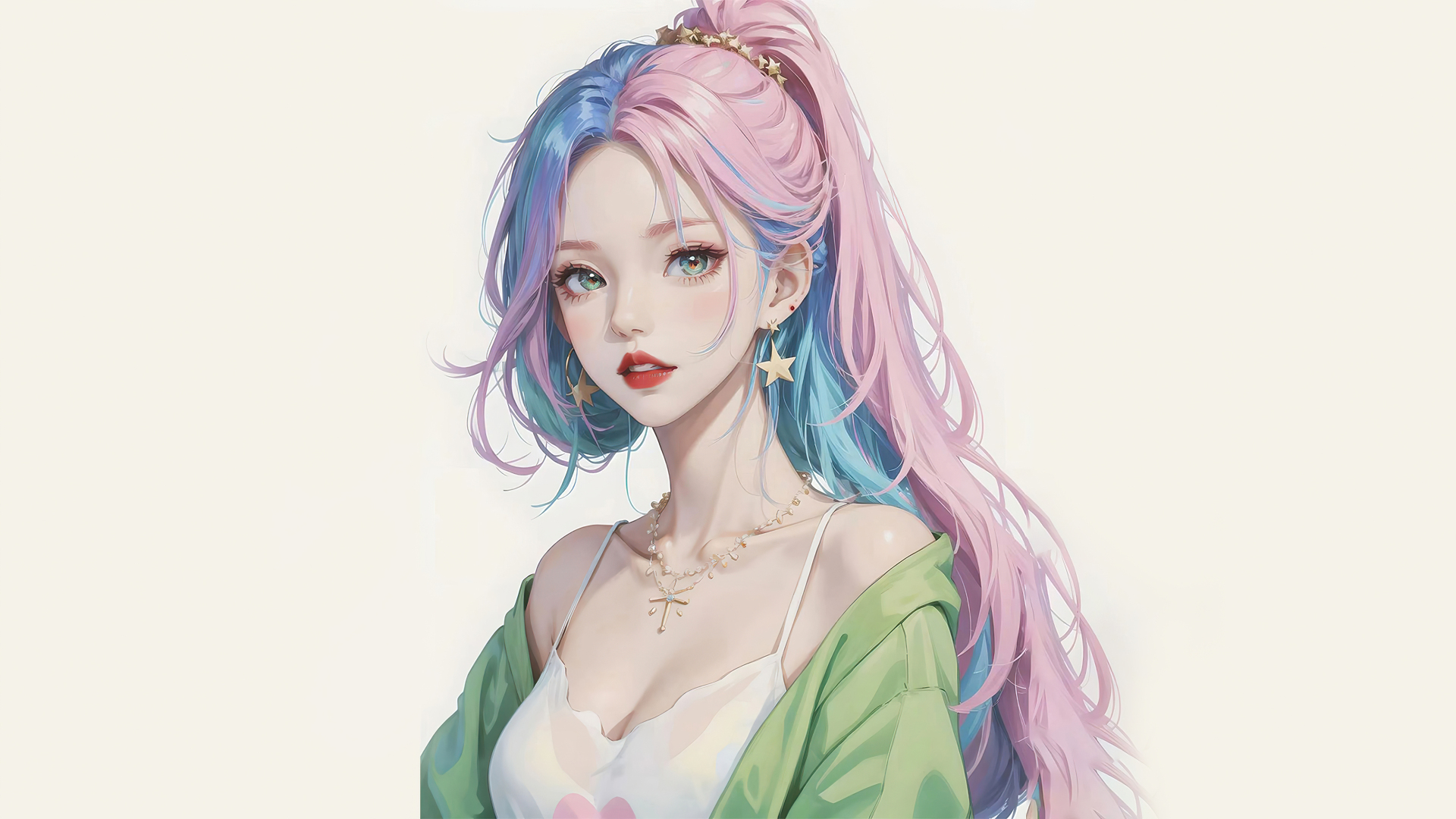 二次元渐变发色少女半身人像，佩戴星星造型金色配饰，浅米白极简背景