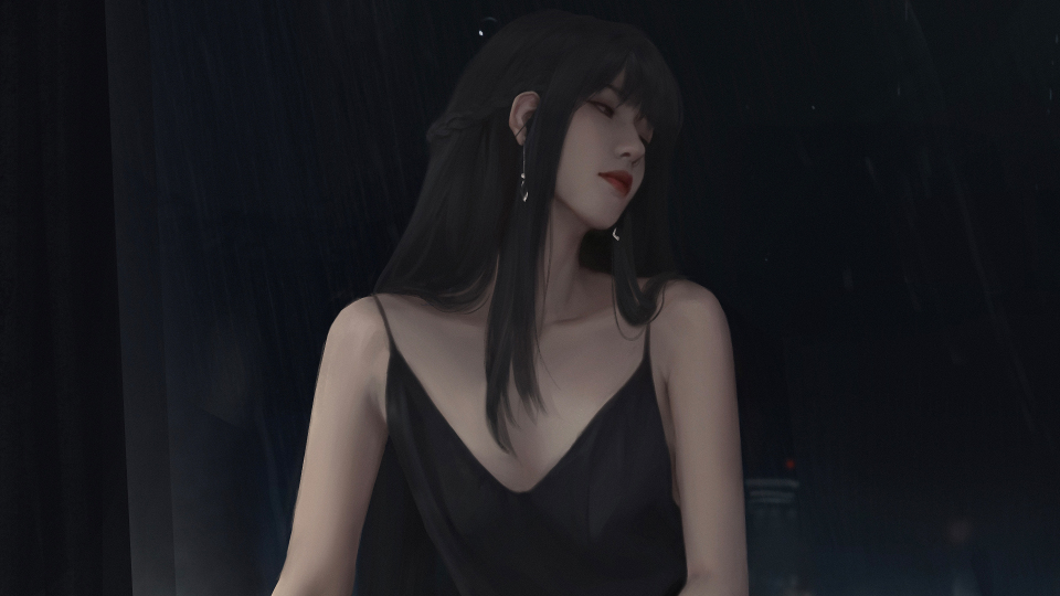 长发少女黑色吊带裙