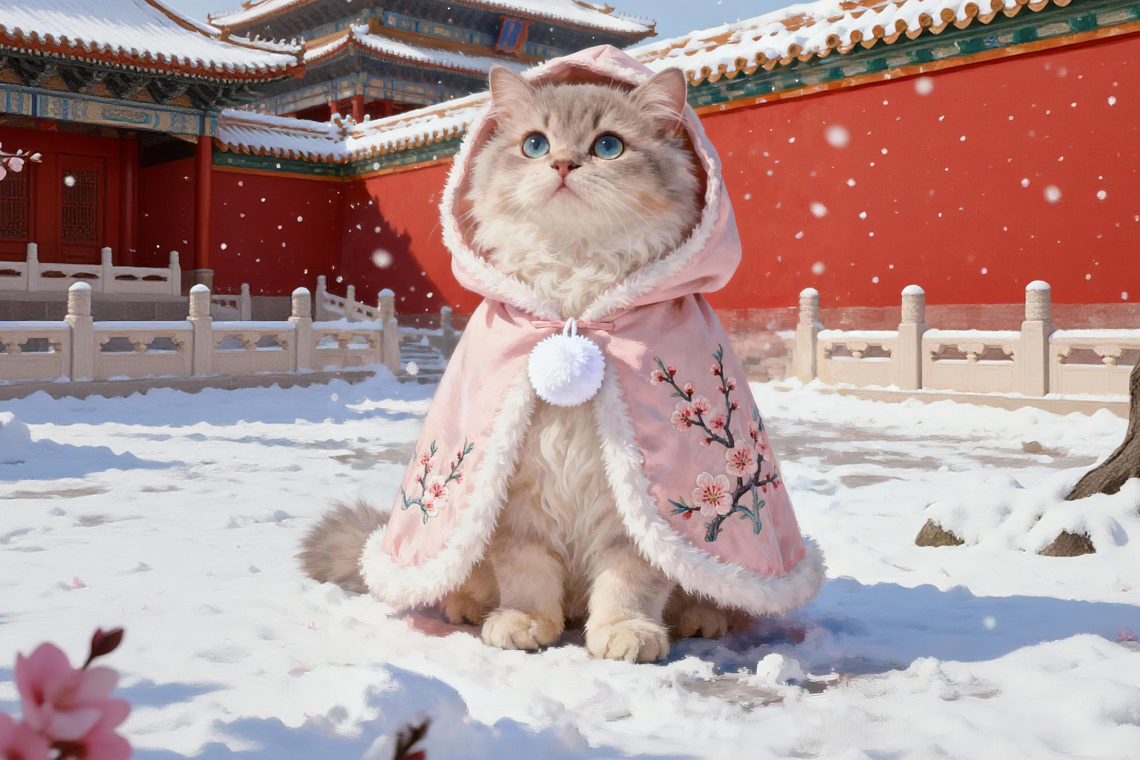 穿粉色刺绣斗篷的长毛蓝眼猫咪端坐雪地黄墙宫院，落雪漫天。