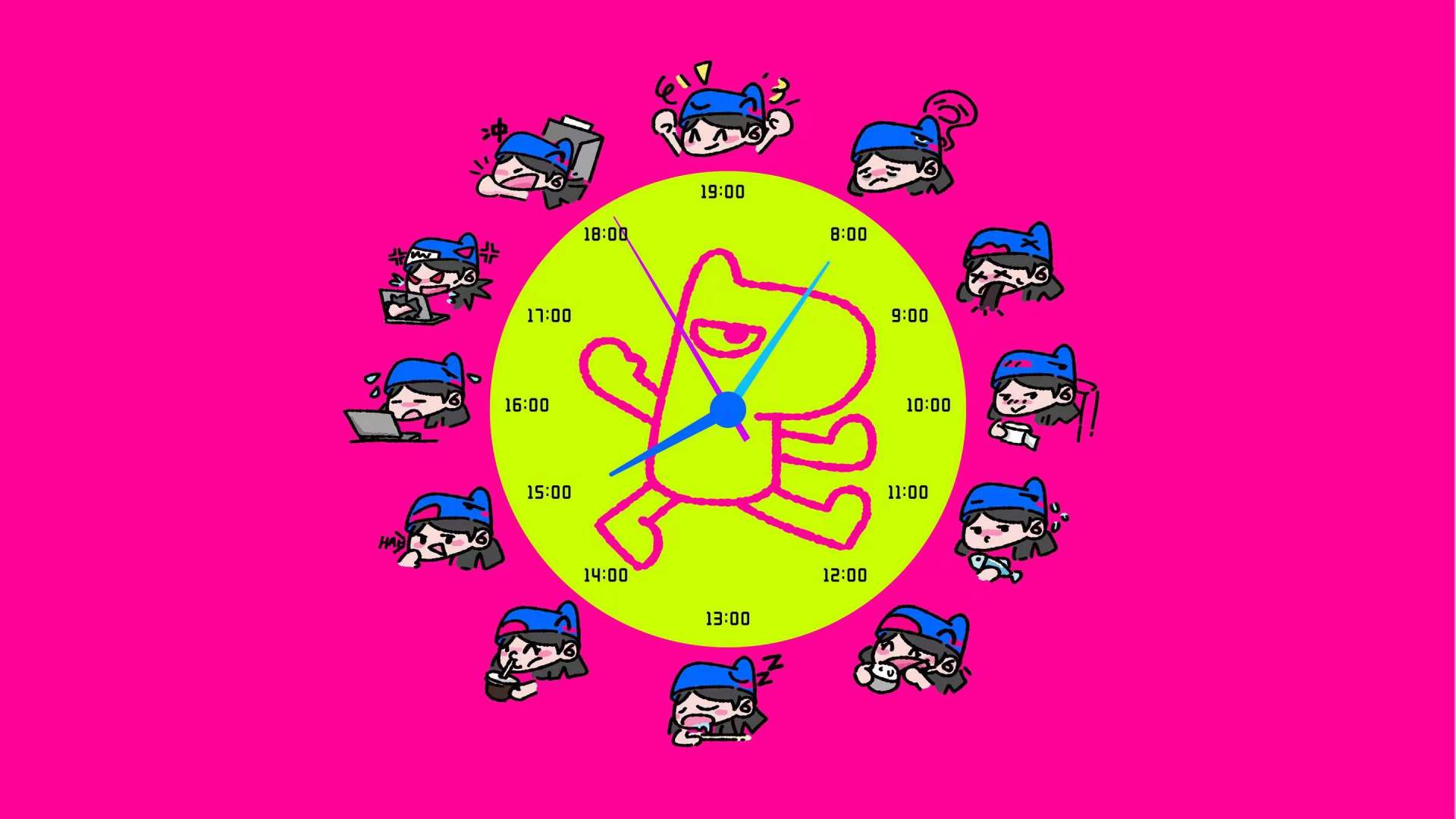 玫粉色背景，黄绿圆形时钟外围环绕多个不同状态的Q版女孩。