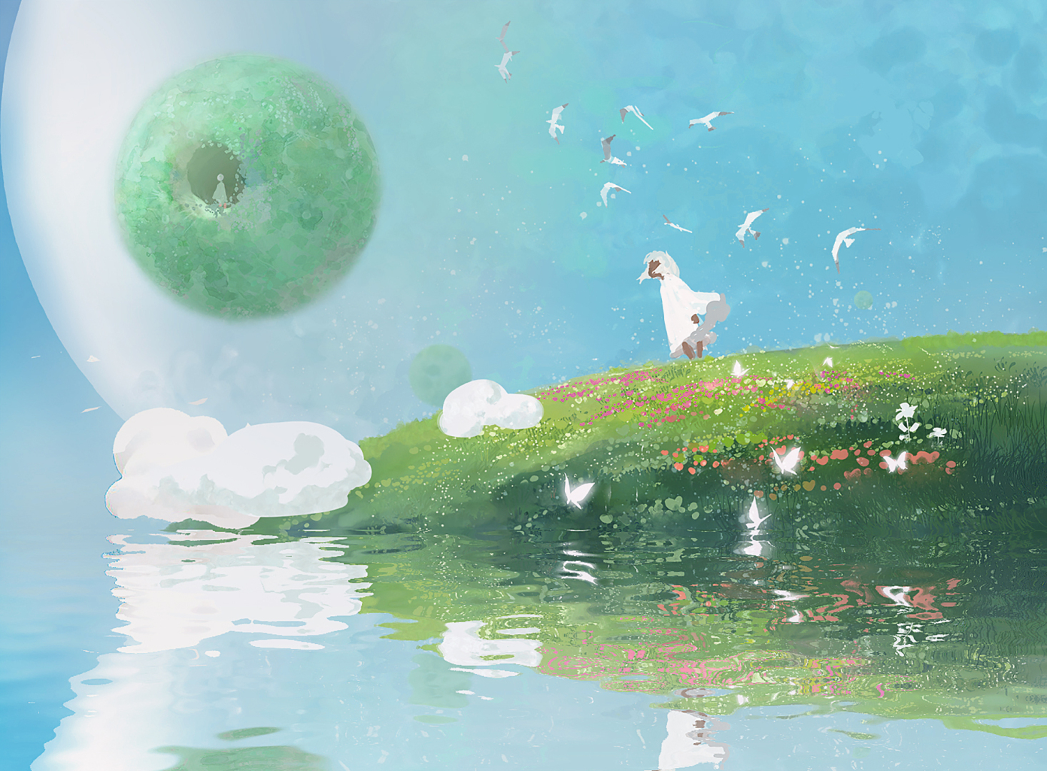 奇幻水岸插画，草坡花岸临水面，白衣人物独立坡顶，左悬巨型绿球星体。