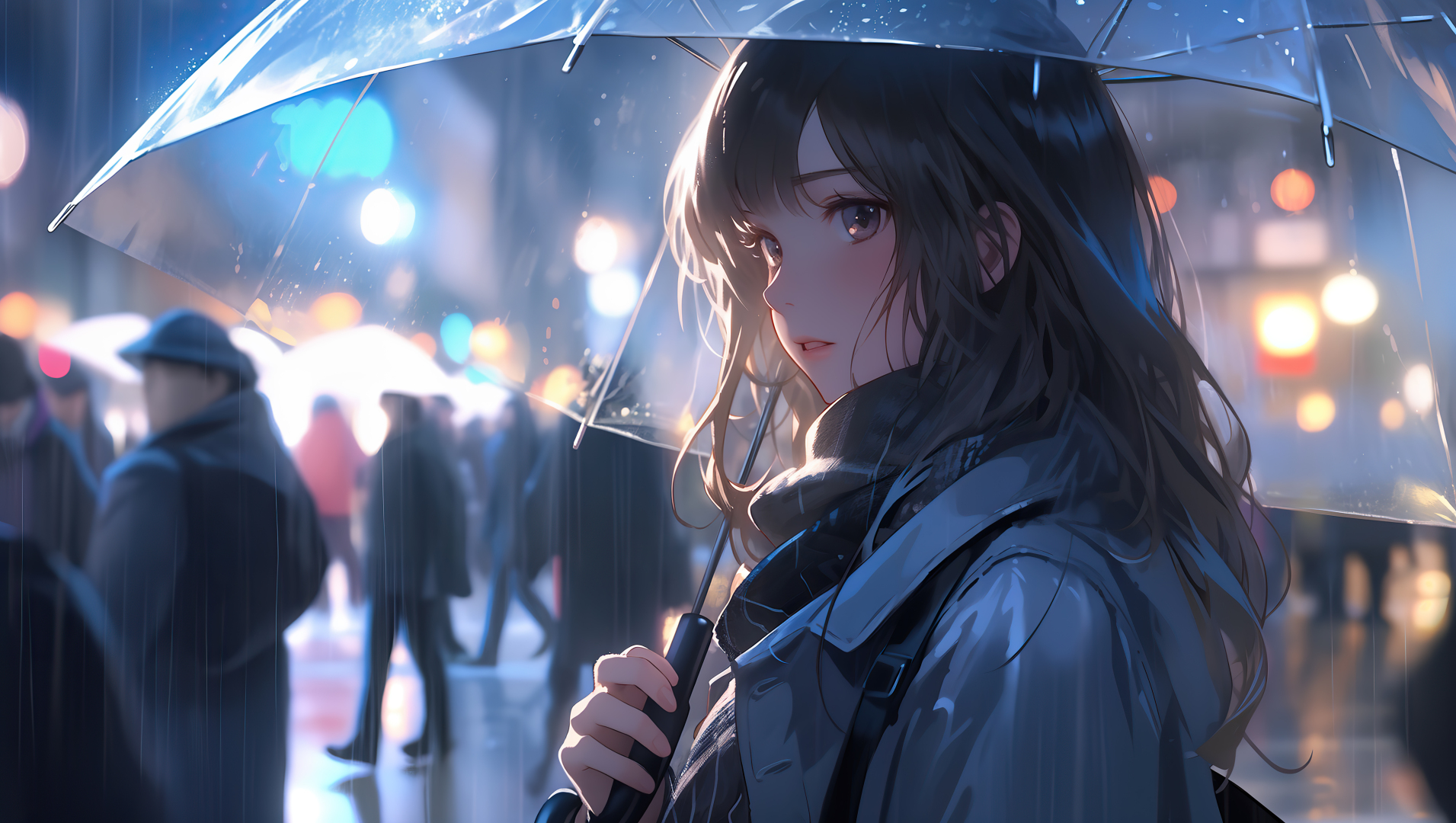 近景插画，黑发少女撑透明雨伞立于雨夜街头，背景行人模糊，蓝黄散景灯光柔化。