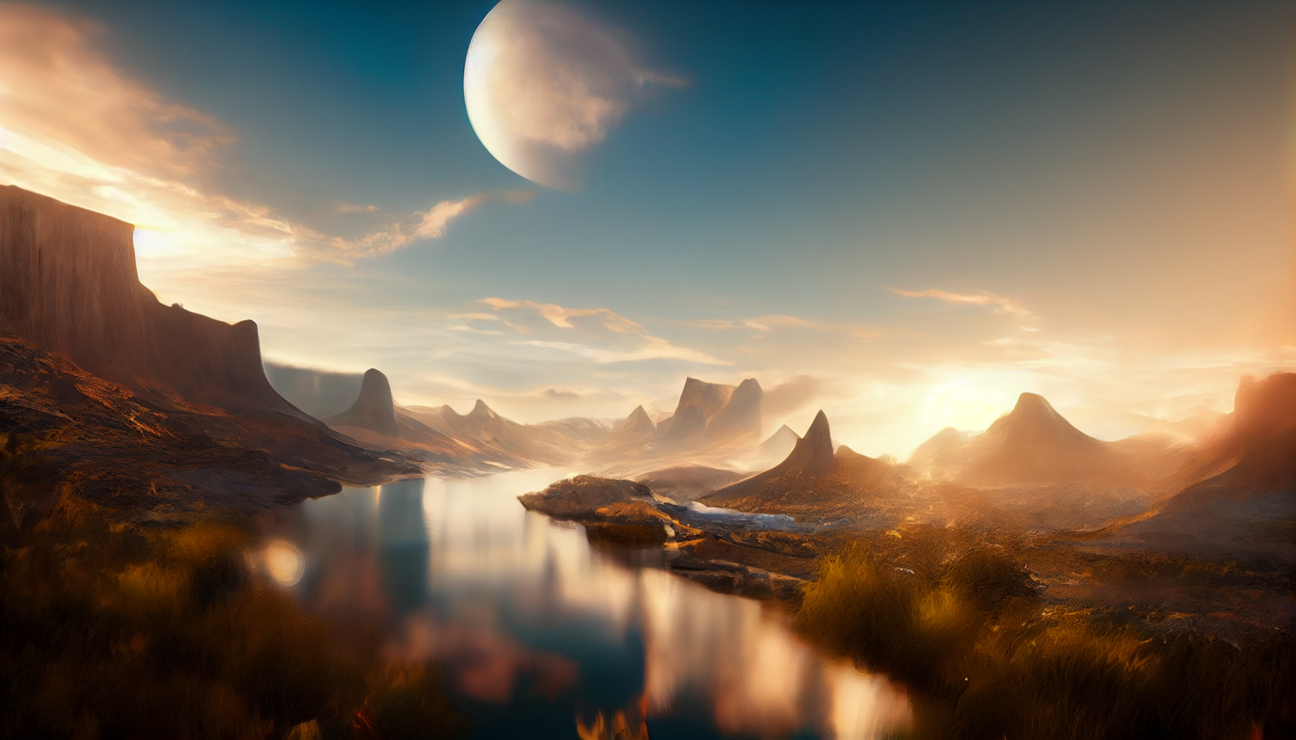奇幻风格的山地湖景，天空悬着巨型浅米色星球，右侧落日将湖面映照出金色反光。