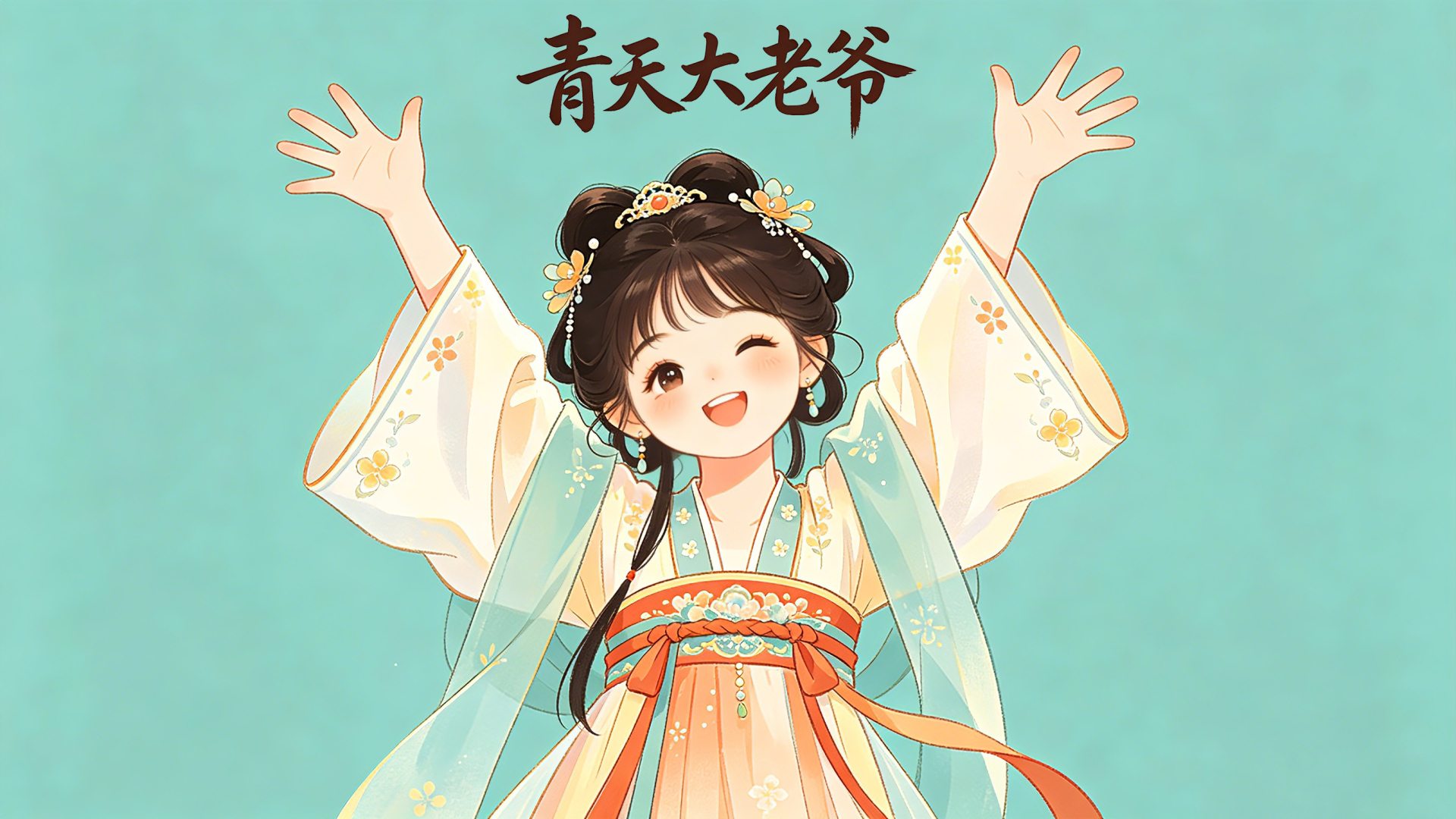 浅青绿色纯色背景前，梳双髻戴花饰发簪的古风卡通小女孩单眼眨眼，咧嘴欢笑，双臂高举张开手掌。