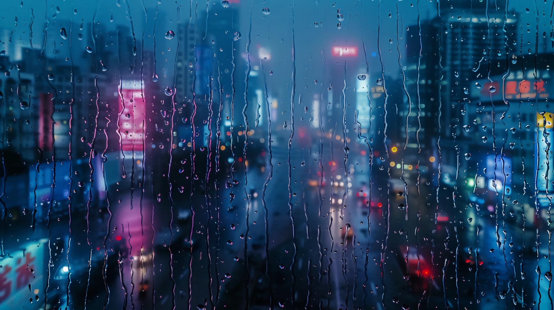 布满纵向雨痕与雨滴的玻璃后方，是虚化的雨夜都市街景，冷蓝调画面里散落着粉紫霓虹与暖黄车灯的柔和光斑。