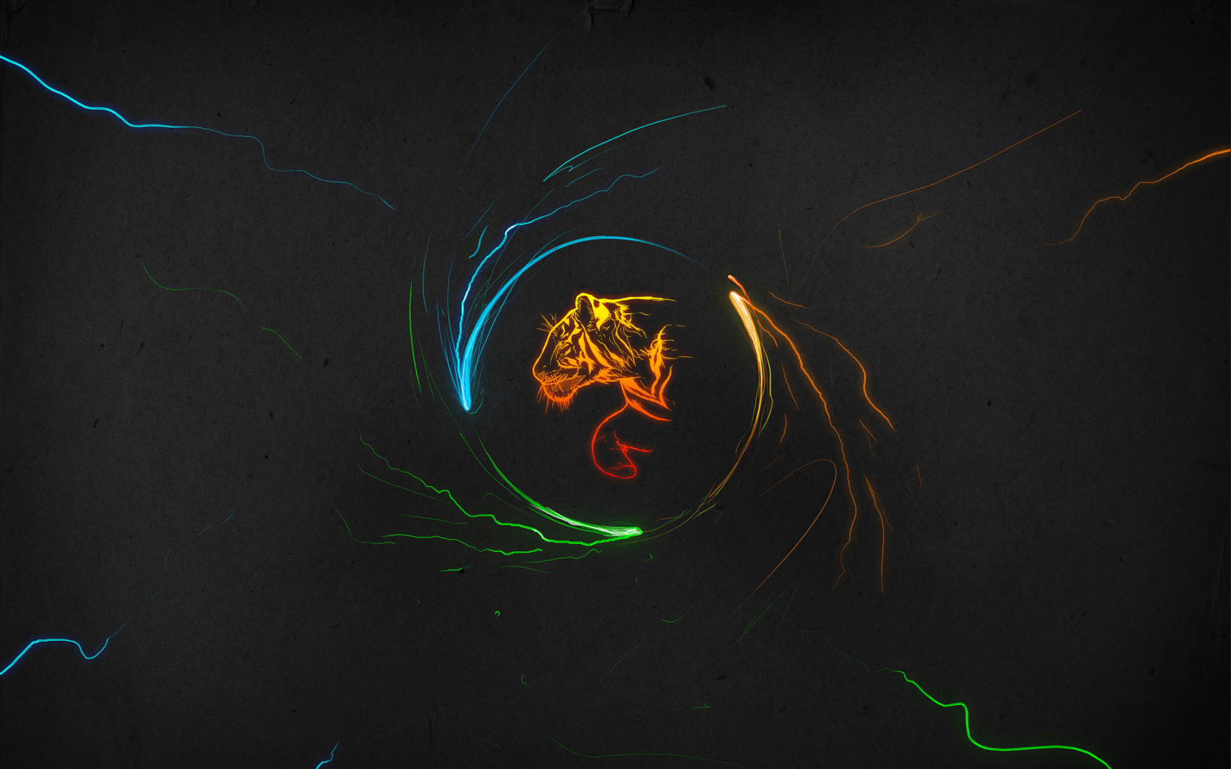 深炭黑粗糙肌理背景上，霓虹线描老虎头部搭配环绕的蓝绿橙三色闪电状霓虹光效
