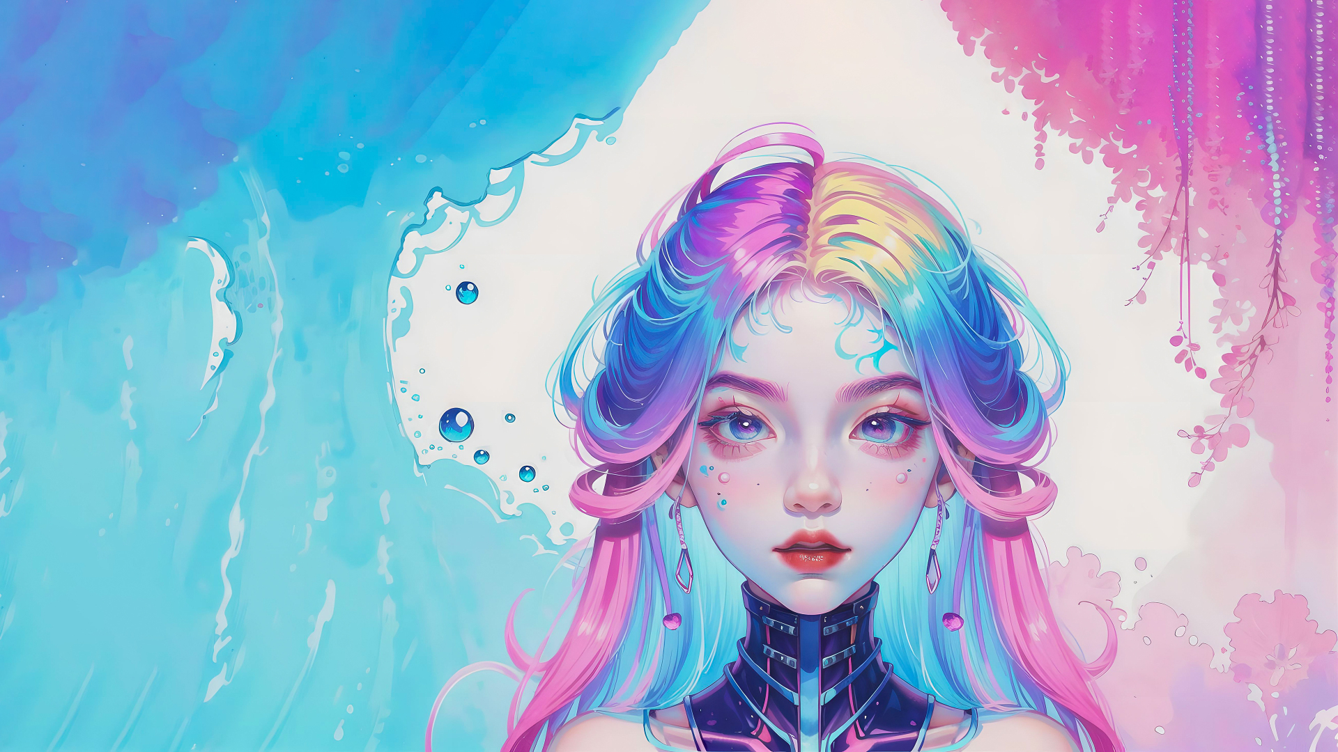 马卡龙渐变长发少女，蓝青水彩晕染搭配粉紫垂花饰的插画