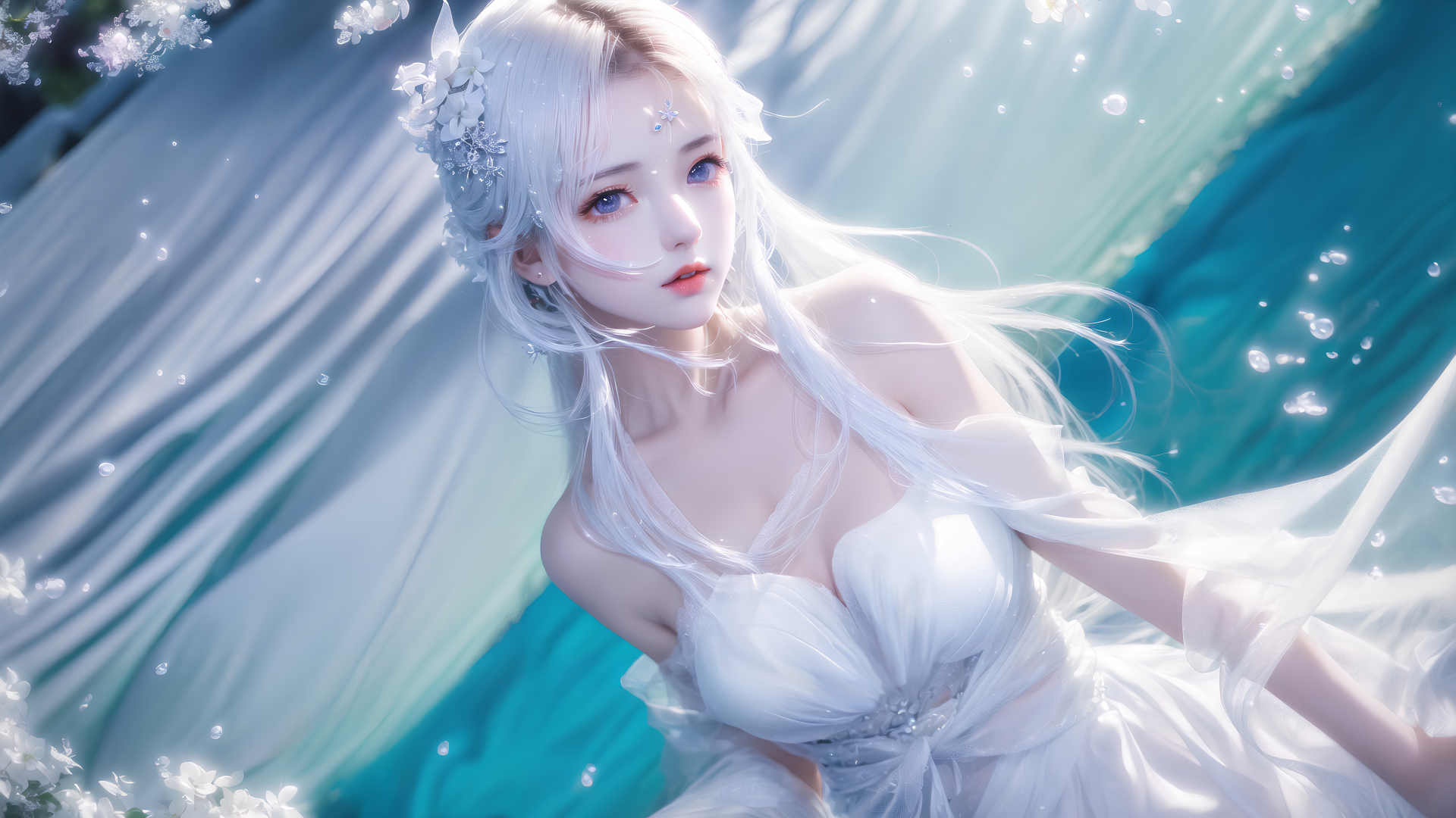 青蓝色水感空间内，白发少女佩戴白花与冰雪花发饰，身着露肩白纱长裙，画面漂浮透明小气泡与白色细碎小花。