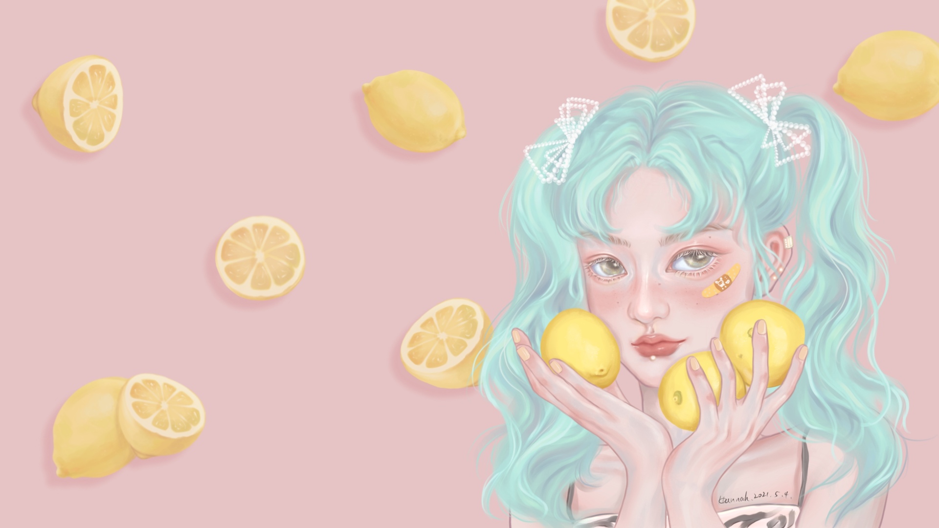 粉色背景下的薄荷蓝双马尾卷发少女，双手托举黄色柠檬，周围散落柠檬切片，画风清新甜美。