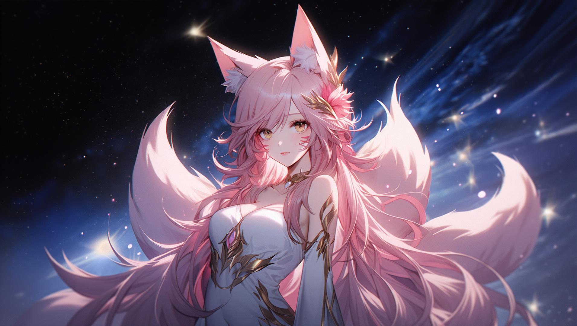 粉发狐耳九尾少女身处缀满星点的深蓝色星空之下，身着带金色装饰的白纱礼服