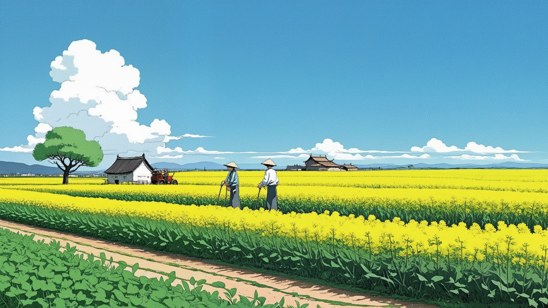 亮蓝色晴空下的明黄色油菜花田，两名头戴斗笠、持农具的人物站在田间，远处分布着农舍与鲜绿色树木。