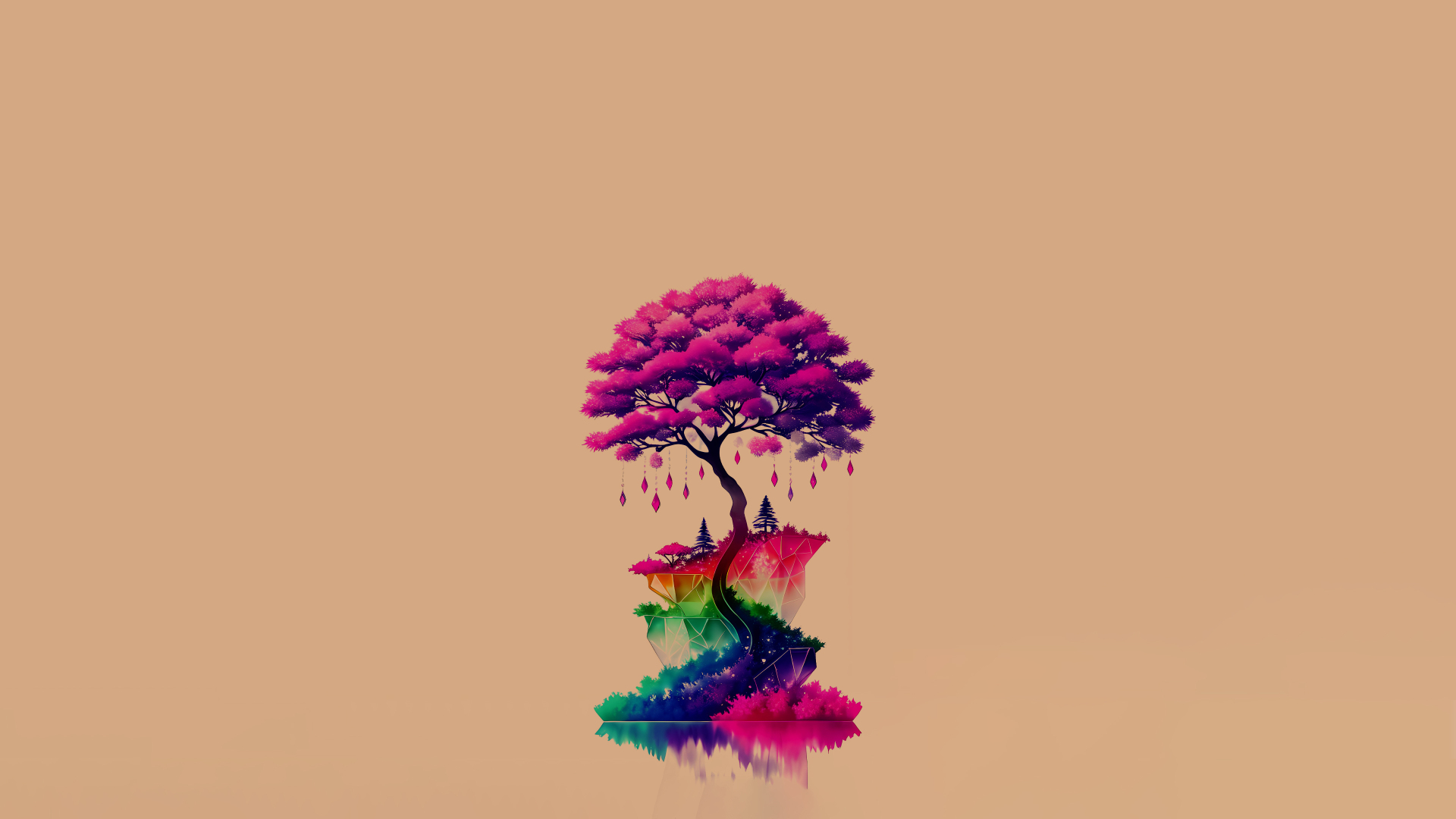 浅棕米色极简背景上，粉紫渐变树冠的盆景树悬挂玫红色水滴水晶坠，下方彩虹晶体基座在镜面映出彩色倒影。
