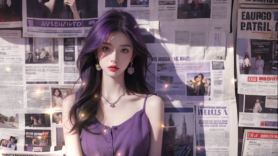 报纸墙前的纯欲系紫色长发美女
