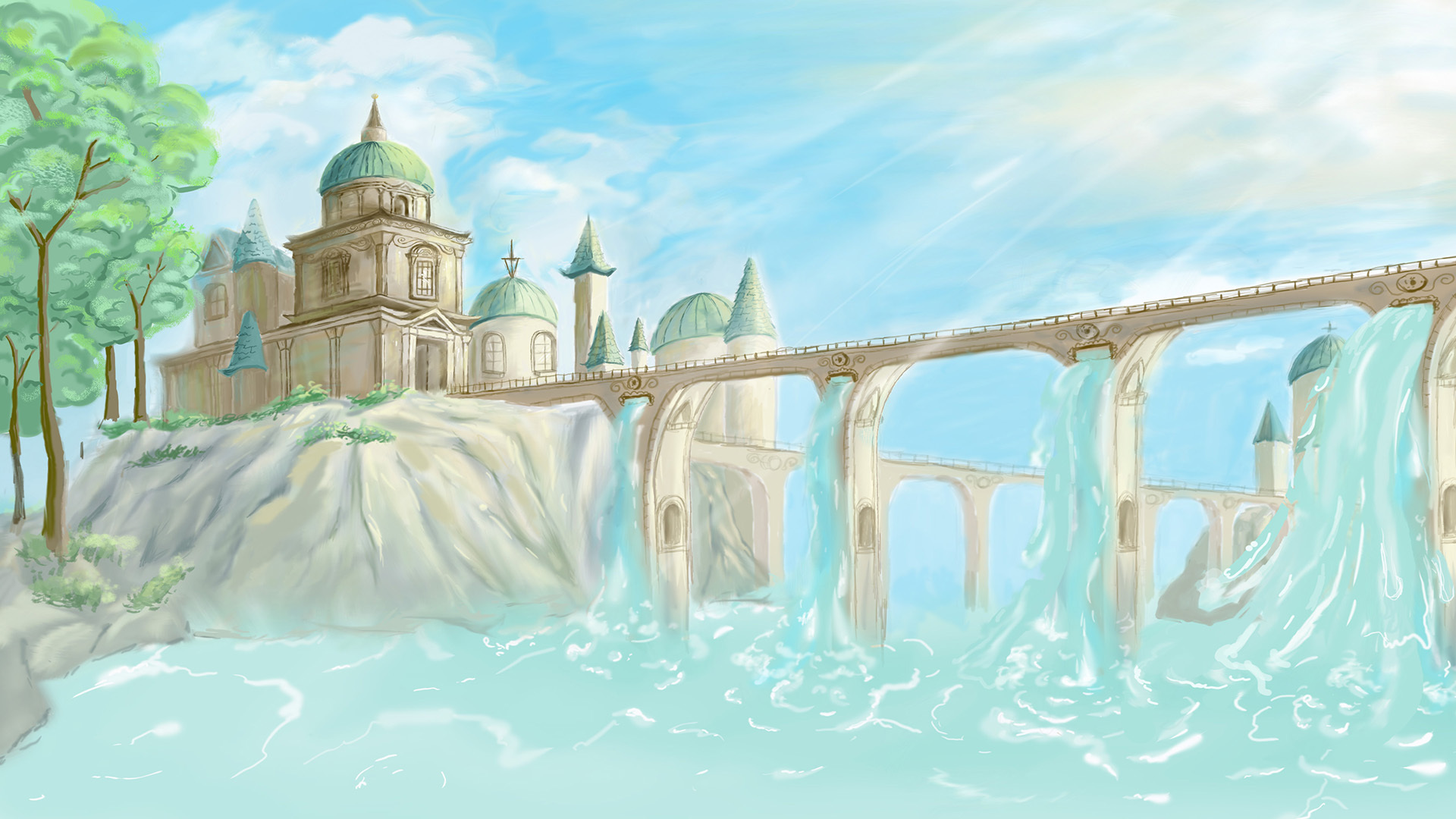 手绘清新童话风崖顶城堡搭配高架渠飞瀑风景插画