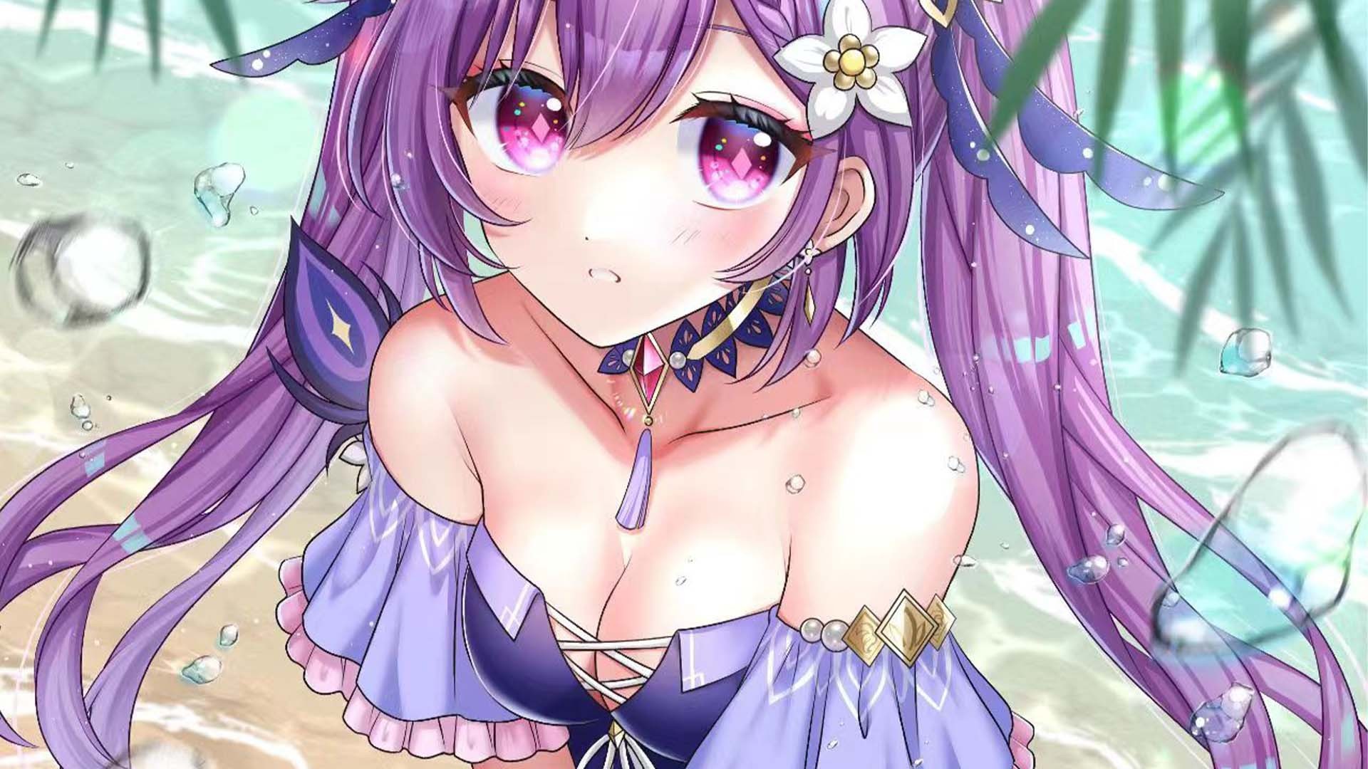 浅水沙滩场景中，紫发紫瞳留长双马尾、佩戴白花发饰的少女身着紫蓝露肩荷叶边泳衣，水面漂浮透明水滴与气泡，边缘露出绿色植物叶片。
