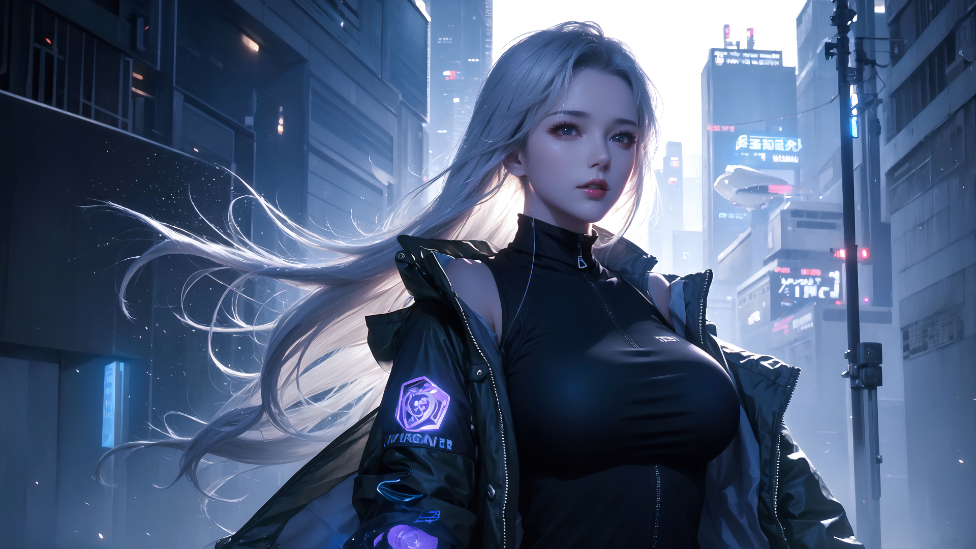 银白长发女性身着黑色机能风服饰，身后是朦胧赛博都市街景