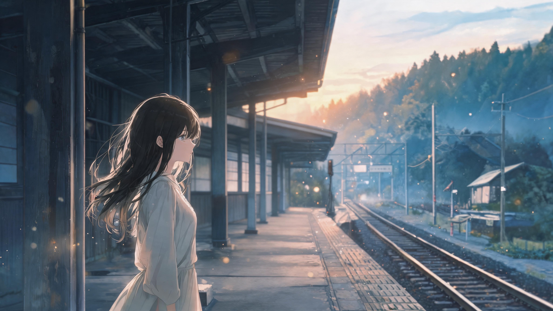 黄昏林间老旧车站，白衣长发少女立在站台望向延伸铁轨