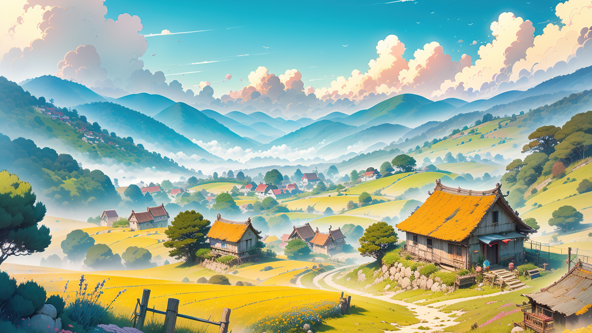 乡野山景，前景农舍环绕金黄田野，远山间云海缭绕，晴空白云浮动。