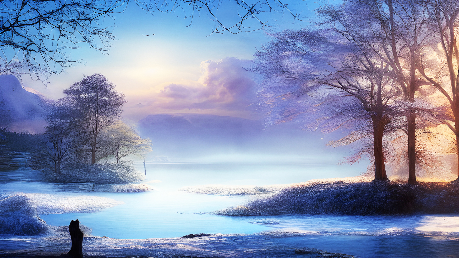 冷调冰蓝色雾色冰封湖景，水岸带残雪，远山间蒙着淡紫色薄雾，前景露出交错的光秃深色细枝。