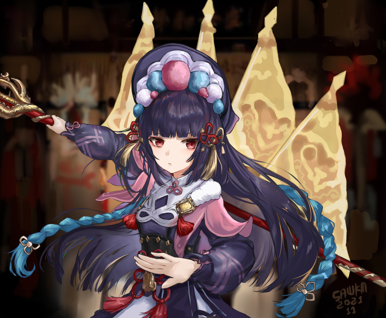 国风二次元插画，原神角色云堇为画面主体，她梳带金饰的戏曲头冠与发辫，身着红黑金配色戏服，手持长柄戏曲兵器，背景是虚化的暖调中式戏曲厅堂。