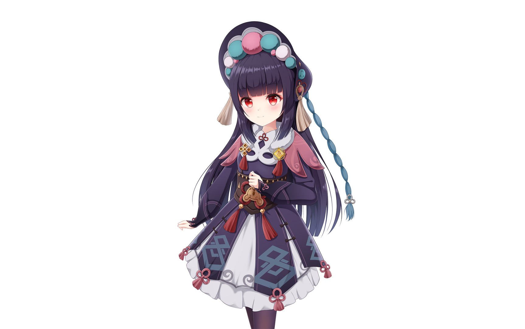红瞳紫发少女半身立绘，身着带流苏装饰的紫白国风裙装，背景纯白。
